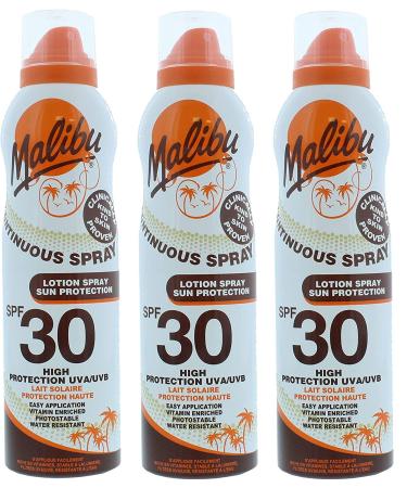 Malibu High Protection Water Resistant Vitamin Enriched SPF 30 Sun-Screen Continuous Lotion Spray 175ml 3 Pack
