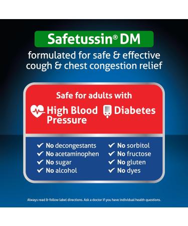 Safetussin DM Cough + Chest Congestion Relief - Safe for Adults with High Blood Pressure & Diabetes | 8 oz - International Shipping Available - Buy Online on GoSupps.com