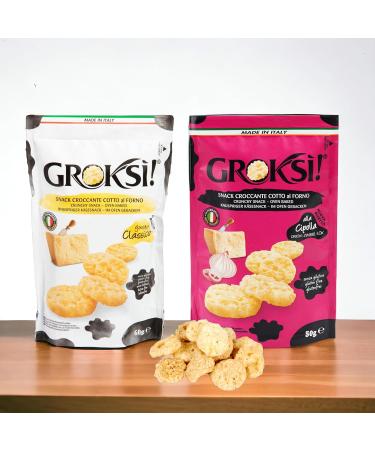 GROKSi! Cheese Snack Set from Italy - Classico & Onion | Protein-Rich 60g & 50g Crackers - Buy Online on GoSupps.com