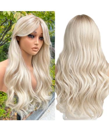 WOKESTAR Long White Blonde Wigs for Women Synthetic Hair Wig with Curtain Fringe