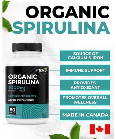 Renew Actives Organic Spirulina 1000MG per 2 Capsules Superfood for Men & Women Supports Energy, Wellness & Immune Function Rich in Antioxidants & Nutrients Made in Canada 60 Capsules - Buy Online on GoSupps.com