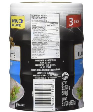 Clover Leaf Flaked White Albacore Tuna in Water - 3 x 170g 3 Count - Canned Tuna - All Natural Ingredients - High In Protein 14g Of Protein Per 55g Serving Drained Wild And Traceable Tuna Trace My Catch - Buy Online on GoSupps.com