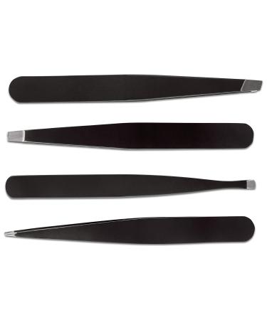 Precision Tweezers Kit - 4-Piece Professional Set for Eyebrow Grooming and Hair Removal with Case & Mirror - Slant, Pointed, Curved, and Flat Tips - Black - Buy Online on GoSupps.com