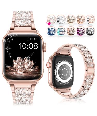 LELONG for Apple Watch Band 38mm 40mm 41mm Series 8 Series 7 6 5 4 3 2 1 SE Ultra, Bling Replacement Bracelet iWatch Band, Diamond Rhinestone Stainless Steel Metal Wristband Strap AA-Rose Gold 38mm/40mm/41mm