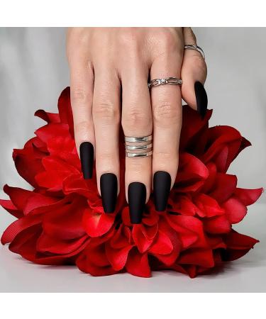 Hypnaughty 24 Pcs Noir Black Matte Coffin Press on Nails with Glue - Medium Long Solid Black Color False Nails - Buy Online on GoSupps.com