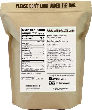 Anthony's Premium 2 lb Pea Protein Powder - Plant Based, Gluten Free, Unflavored | Vegan & Keto Friendly - Buy Online on GoSupps.com