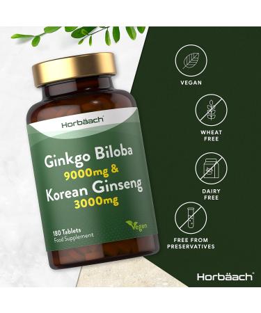 Ginkgo Biloba & Korean Ginseng Tablets | High Strength 9000mg & 3000mg | 180 Vegan Tablets by Horbaach - Buy Online on GoSupps.com