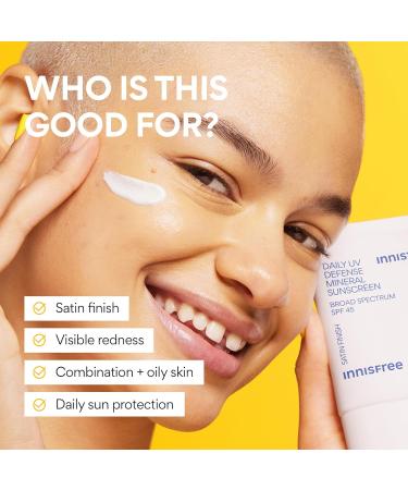 innisfree Daily Mineral UV Defense SPF 45 Face Sunscreen with Green Tint Hyaluronic Acid Korean Skincare Color Correcting Formula - Buy Online on GoSupps.com