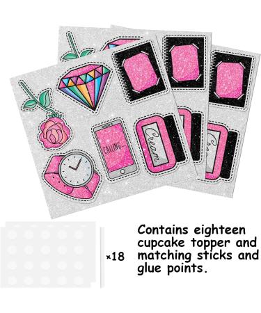18pcs Pink Glitter Dessert Cupcake Topper for Make Up Flowers Diamond Theme Decor Supplies Lady Woman Girls Happy Birthday Bachelor Wedding Party Decoration - Buy Online on GoSupps.com