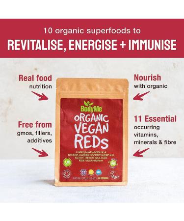 BodyMe Organic Vegan Reds Powder | 270g Super Reds Blend with Blueberry, Cranberry, Raspberry, Rosehip, Acai, Beetroot, Prebiotic Inulin, Carob, Chaga Mushroom, Reishi Mushroom - Buy Online on GoSupps.com