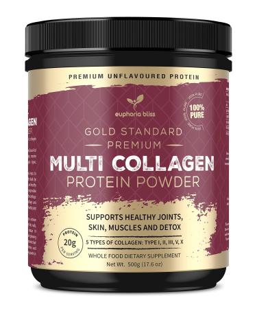Multi Collagen Protein Powder 500G | Unflavoured | Types I II III V & X Hydrolyzed Grass Fed Bovine | Wild Caught Fish | Free-Range Chicken & Eggshell Collagen | Halal