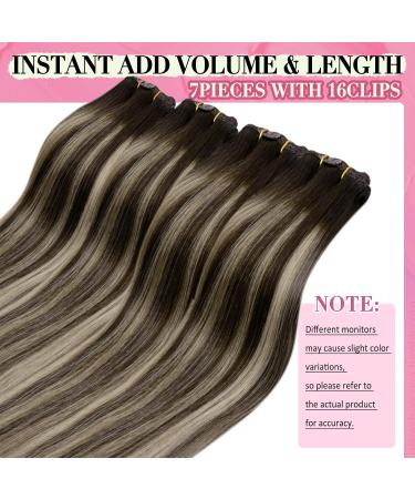 Youngsee Real Hair Extensions - Ombre Clip-In Balayage - Dark Brown to Ash Blonde - 35cm Human Hair - 120g (7 PCS) #4/18/4 - Buy Online on GoSupps.com