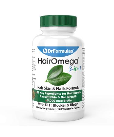 DrFormulas HairOmega 3-in-1 Hair Growth Vitamins with DHT Blocker  Biotin for Women & Men | Hair Skin and Nails Supplement for Hair Loss  120 Pills 120 Count (Pack of 1)