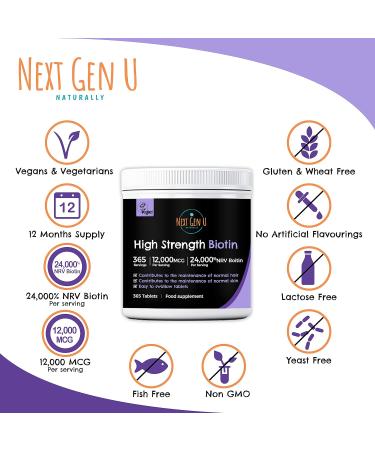 Biotin Hair Growth Tablets 365 - 12,000mcg High Strength | Vegan Supplement for Hair, Skin, Nails | 1 Year Supply | Gluten Free - Buy Online on GoSupps.com