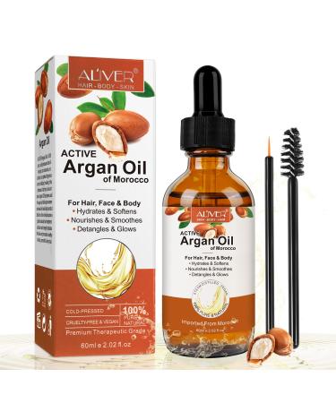 Organic Argan Oil 100% Organic & Pure Argan Oil for Hair  Face &Body 60ml with Eyebrow&Eyeliner Brushes  Rich in Vitamin E for Skin  Hair & Nails |Damaged Hair | Nourishes And Moisturises Dry Hair