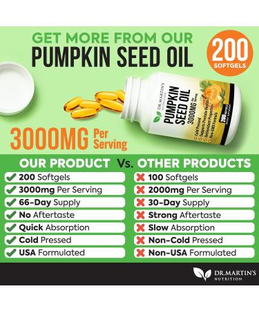 3000mg Cold Pressed Pumpkin Seed Oil | DHT Blocker | Promotes Hair Growth | Supports Heart Skin Prostate & Urinary Health | Contains Vitamins Minerals & Omega 3 6 & 9 For Anti-Aging | 200 Softgels - Buy Online on GoSupps.com