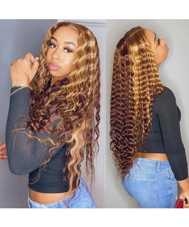 BLY Highlight Human Hair Lace Front Wigs Deep Wave #4/27 Ombre Colored Glueless Wigs Pre Plucked 18 Inch 4x4 Transparent Curly Water Wave Lace Wig Honey Blonde Real Human Hair 180% Density 18 Inch (Pack of 1) Highlight Deep Wave