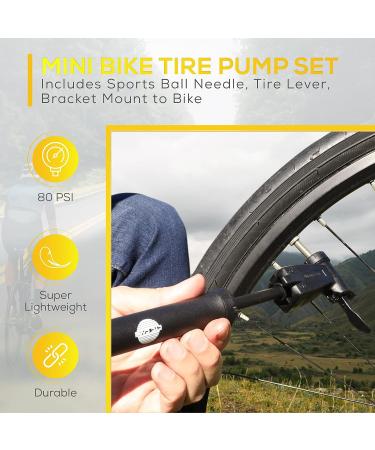 Mini Bike Tire Pump Set - Dual Action Push-Pull Pumping, 80 PSI, Presta & Schrader Valves, Lightweight - 3 oz, Includes Sports Ball Needle, Tire Lever, Bracket Mount - Buy Online on GoSupps.com