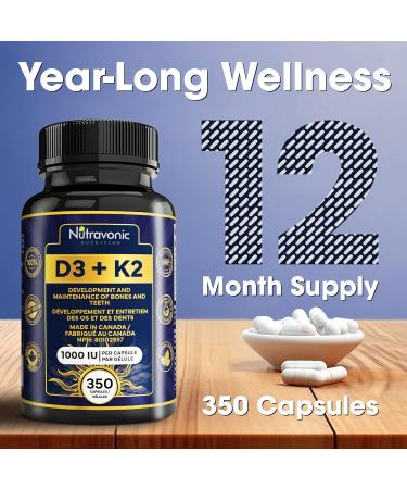 New! 350 Vegan Capsules of Vitamin D3 K2 High Potency 1000 IU D3 (25 mcg) / 120 mcg K2 (MK-7) - Year Long Supply Vitamin D - Helps Maintain Bone & Teeth Health - Formulated With MK-7 Natto Bean For Best Results - Immune System Support Vegan - Made In Cana - Buy Online on GoSupps.com