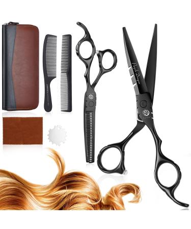 Purple Dragon Hairdressing Scissors Set 5.5 Inch Black Hair Cutting Scissors Set (Hair Scissors & Thinning Scissors) with 2 Combs Hair Beard Trimming Shaping Care for Men Women Family Barber