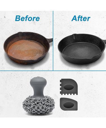 SUBEKYU Cast Iron Chainmail Scrubber & Scraper Tool for Pans - Stainless Steel Skillet Cleaner - Grey/Black - Buy Online on GoSupps.com