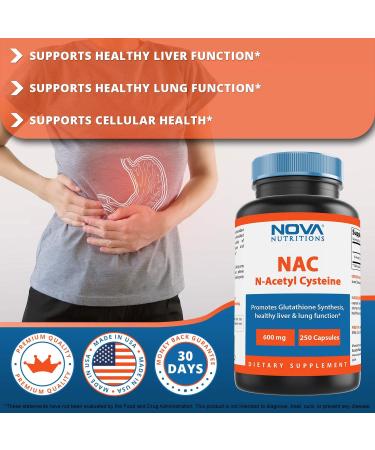 Nova Nutritions N-Acetyl L-Cysteine (NAC) 600mg - 250 Capsules | Non-GMO & Gluten Free - Buy Online on GoSupps.com