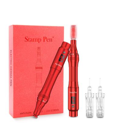 Dr.roller Dermapen Professional Electric Derma Pen  Derma Stamp for Face Body Hair Growth  Wireless Derma Machine Kit  Skin Pen with Anti-Flow Back Replacement Needle Cartridges (2pcs 12-pin) (Red)