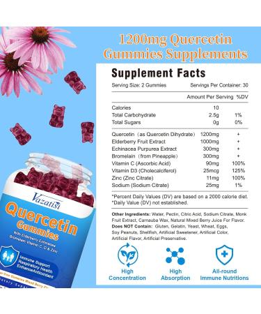 2 Pack Quercetin with Bromelain Gummies, Quercetin 1200MG with Vitamin C Zinc & Elderberry for Immune System & Allergy, Chewable & Vegan Gummies, Mixed Berry Flavor 120 Cts 60 Count (Pack of 2) - Buy Online on GoSupps.com