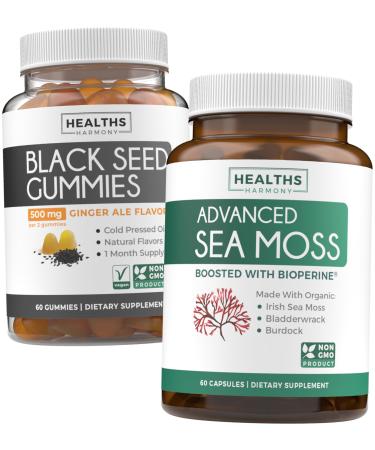 Black Seed Oil Gummies & Sea Moss (1-Month Supply) - Mineral-Rich Duo - Black Seed Oil Gummies Ginger Ale Flavor Cold-Pressed Nigella Sativa & Advanced Organic Irish Sea Moss with BioPerine (60 Caps)