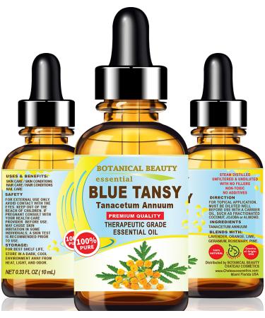 Botanical Beauty Blue Tansy Essential Oil Tanacetum Annuum 100% Pure Therapeutic Grade for Irritated Skin Acne Dried and Damaged Skin Aromatherapy. 0.33 Fl.oz.- 10 ml