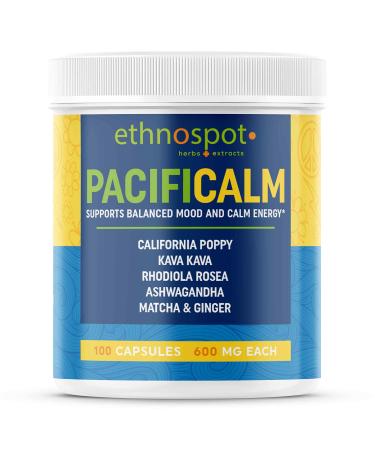 Ethnospot PacifiCalm Herbal Daytime Relaxation Remedy - Promotes Clear Minded Physical Relaxation - Kava Kava California Poppy Rhodiola Rosea for Calm Energy and Balanced Mood - 100 Vegan Capsules