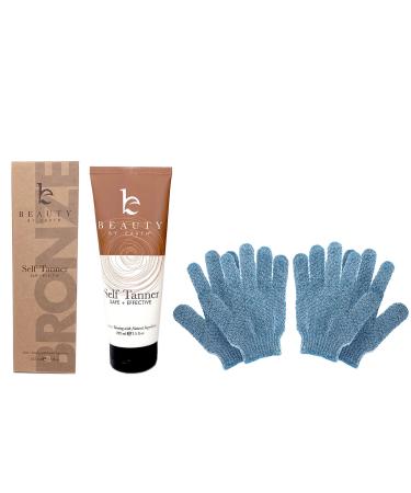 Self Tanner - With Organic Aloe Vera & Shea Butter Sunless Tanning Lotion & Bronzer Buildable Light Medium or Dark for Natural Fake Tan - Exfoliating Shower Gloves for Women & Men