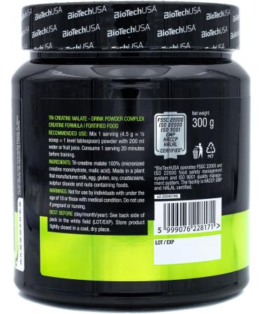 BiotechUSA Tri Creatine Malate 4500mg | Gluten-Free Triple Creatine for High-Intensity Workouts | 300g Unflavored - Boost Physical Performance - Buy Online on GoSupps.com