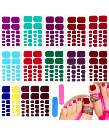 14 Sheets Toe Nail Wraps Solid Color Nail Art Decals Self-Adhesive Toe Nail Polish Stickers Pure Color Toenail Decal Full Toe Nail Strip with 2 Pieces Nail Files for Women Girls DIY, Assorted Colors