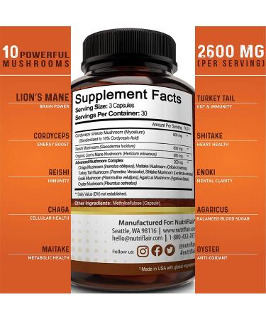 NutriFlair Premium Mushroom Complex 2600mg - 90 Caps | Enhanced Immunity & Vitality - Buy Online on GoSupps.com