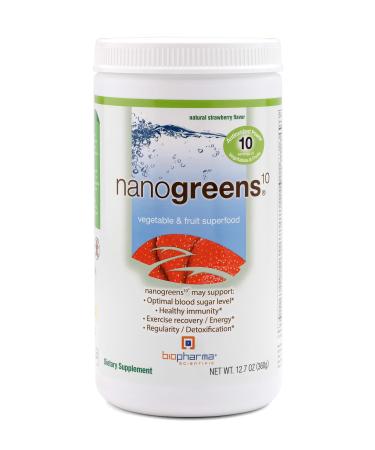 Biopharma Scientific NanoGreens Fruit and Vegetable Superfood Powder | Natural Strawberry Flavor | 30 Servings | Spirulina, Chlorella, Kale, Spinach, Plant Based Enzymes