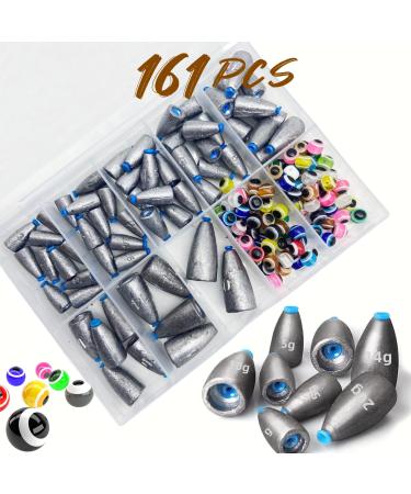 DAMIDEL 161Pcs/Box Worm Fishing Sinker Weights Kit with Soft Plastic Core(20g,14g,10g,7g,5g,3.5g Mixed, 61Pcs Bullet Lead Fishing Weights , 100 Pcs Eye Beads Bait , Don't Hurt Line Texas Rig