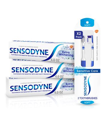 Sensodyne Extra Whitening Toothpaste - 4 Oz x 3 and Soft Toothbrush Pack - 2 Count Bundle