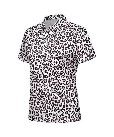 Hispotim Women's Short Sleeve Polo Shirt Lightweight Printed Golf Shirts Quick Dry Workout Golf Polo Shirts Medium White Leopard