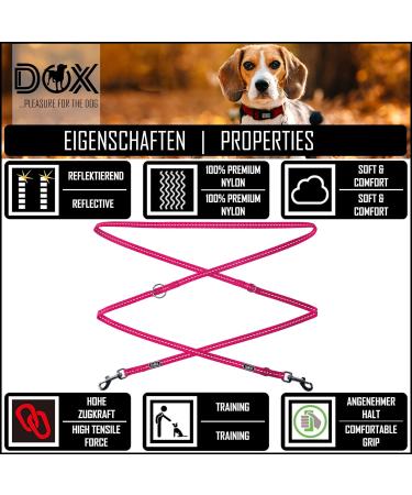 DDOXX Reflective Nylon Dog Leash - 2m 3-Way Adjustable for All Dog Sizes - XS Pink - Durable & Stylish Pet Accessory - Buy Online on GoSupps.com