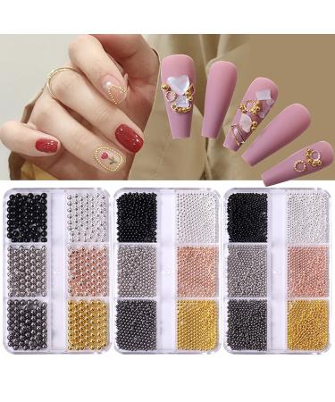 Nail Art Caviar Beads- 3 Boxes 3D Micro Caviar Beads Gold Silver Black Rosegold Gray Tiny Steel Beads Metal Mini Pearls Ball Glitter for Nail Art Decorations DIY Crafts Accessories (3mm 2mm 1.5mm)