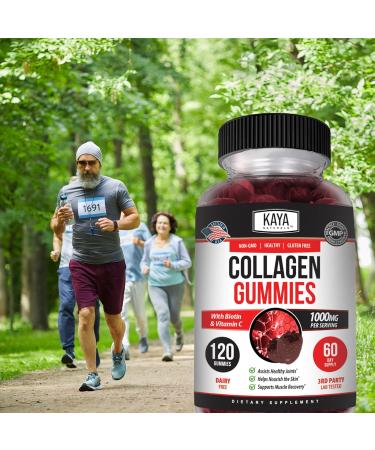Kaya Naturals Collagen Gummy for Men & Women 120 Count 1000mg of Hydrolyzed Collagen Vitamin C Selenium & Biotin Collagen/Strawberry Flavor (120 Gummies) 120 Count (Pack of 1) - Buy Online on GoSupps.com
