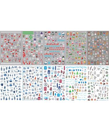 10 Sheets Christmas Nail Art Stickers Decals Self-Adhesive Kids Cute Bule White Pine Tree Reindeer Nail Supplies Nail Art Design Decoration Accessories - Buy Online on GoSupps.com
