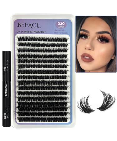 Fluffy Lash Clusters Kit Thick Eyelash Extension Kit 320Pcs 80D Lash Extension Kit with Lash Bond and Seal 8-16mm D Curl Wispy Individual Eyelashes Cluster by BEFACL 02 35C-Fluffy-80D-Kit