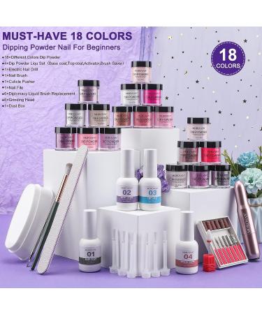 Morovan Dip Powder Nail Kit Starter- 18 Colors Glitter Dipping Powder Set with Electric Nail Drill Machine - DIY Pink Pure Glitter Nails - Buy Online on GoSupps.com