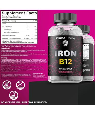 Prime Code Iron Gummies for Women & Men with Vitamin B12 2 in 1 CoQ10 200mg & Vitamin C 250mg Gummies - Buy Online on GoSupps.com