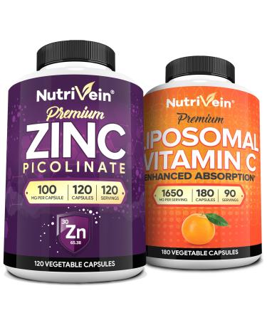 Nutrivein Premium Zinc Picolinate & Liposomal Vitamin C Supplement Bundle: High-Absorption Vitamin C Capsules & Zinc Supplements Defense and Vitality Bundle