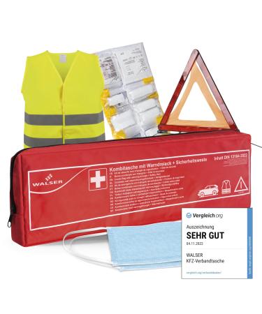 Walser car bandage pocket 2024 STVO compliant 3in1 car first aid set with breakdown triangle and warning vest first aid car 2024 first aid box including warning vest car + warning triangle car DIN 13164 - Buy Online on GoSupps.com