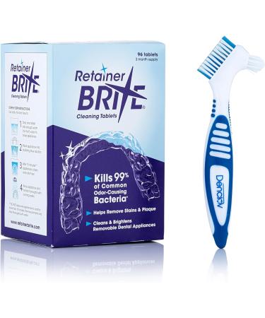 Retainer Brite Cleaning Kit Including 96 Tablets (3 Month Supply) and Denture Brush - Kills 99.9% of Bacteria - Ideal for retainers mouthguard dentures invisalign. Removes Plaque and Tartar. - Buy Online on GoSupps.com