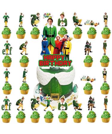 Elf Movie Birthday Party Cake Topper 37Pcs Christmas Elf Movie-themed Birthday Party Supplies Cupcake Decorations for Kids